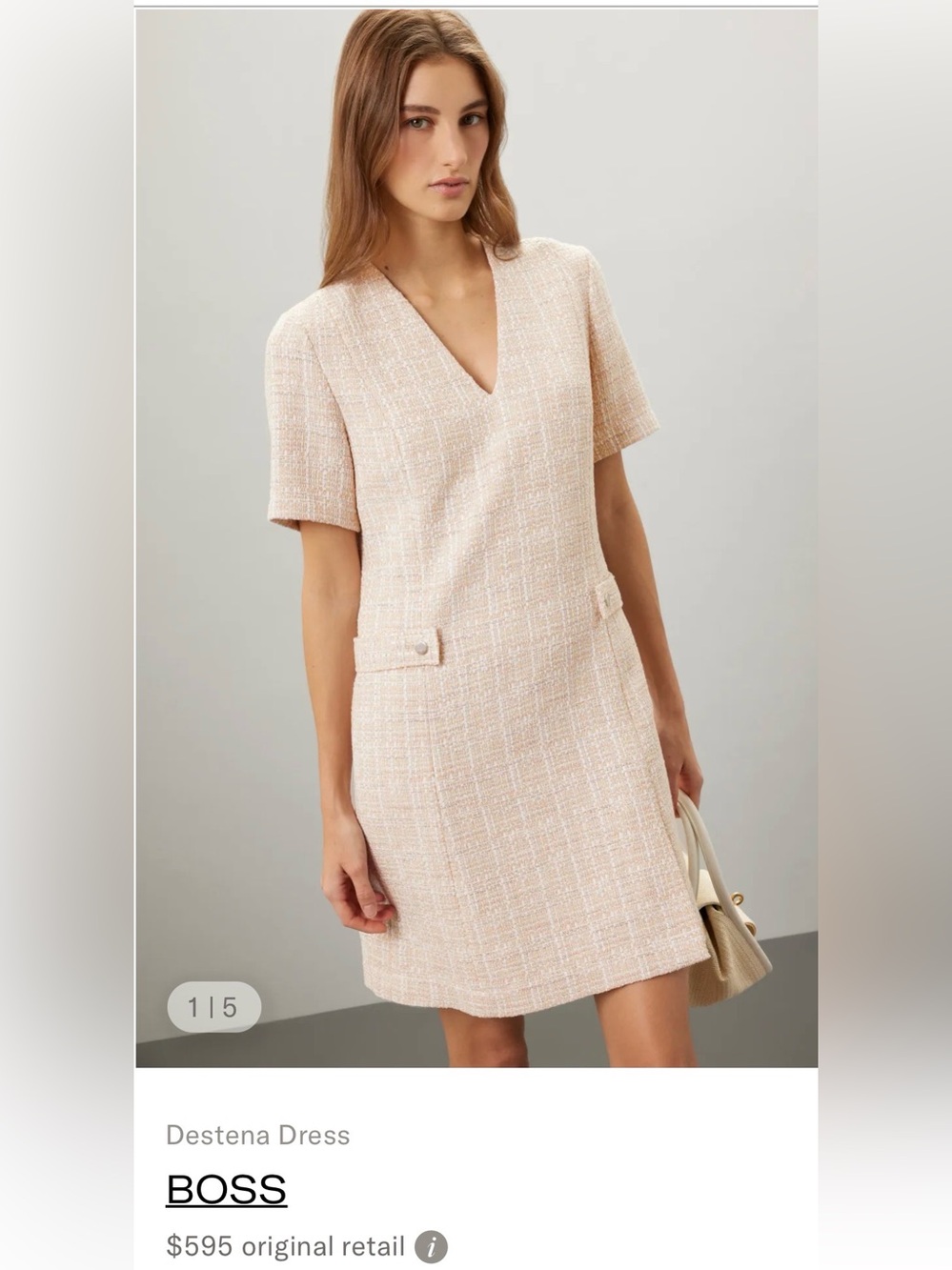 BOSS Destena Cream Tweed V-Neck Shift Dress NWOT 10 Lined Zip Closure Knee